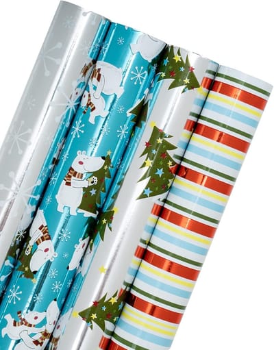 Kerst inpakpapier rol - blauwe en zilveren kerstboom, sneeuwvlok en schattige beer - 76 cm x 305 cm - 4 rollen met metallic glans
