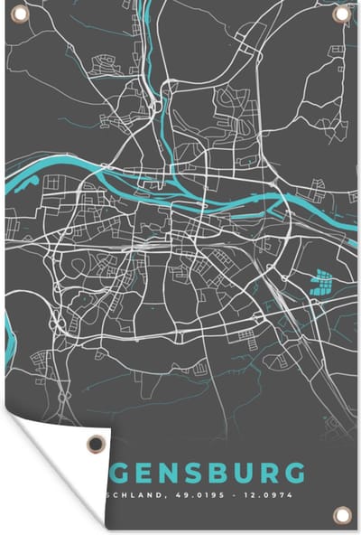 Muurdecoratie Kaart – Plattegrond – Stadskaart – Regensburg – Duitsland – Blauw - 120x180 cm - Tuinposter - Tuindoek