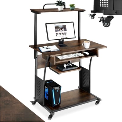 tectake® Verrijdbaar bureau met meerdere niveaus - Houten computertafel in industrieel design - Uittrekbaar toetsenbord - Bureau met wielen - Zwart metalen frame - Afmeting (LxBxH) 80 x 65,5 x 130,5 cm - Donkerbruin