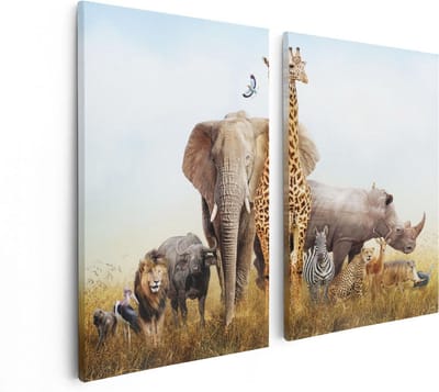 Artaza Canvas Schilderij Tweeluik Afrikaanse Dieren op het Gras - Afrika - 80x60 - Foto Op Canvas - Canvas Print