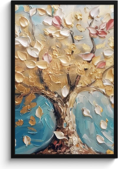 Poster in lijst - Fotolijst 60x90 cm - Posters - Boom - Blauw - Goud - Abstract - Modern - Posterlijst zwart - Decoratie - Wanddecoratie woonkamer - Muurdecoratie slaapkamer