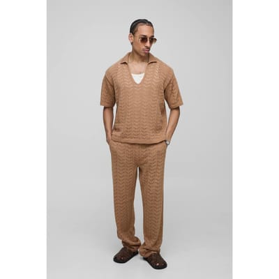 Relaxed Boxy V Neck Texture Knitted Trouser and Polo Set | Taupe | Size XS