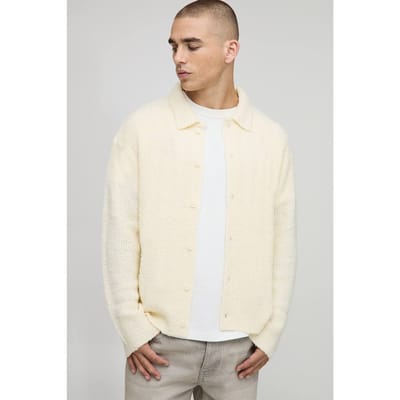 Boxy Fit Geborsteld Gebreid Shirt | Ecru | Size XS