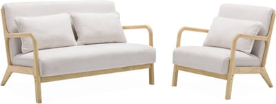 sweeek - Scandinavische 2-zitsbank en fauteuil van naturelkleurig hout en bouclé - lorens