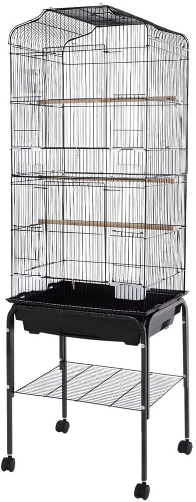 Vogelkooi – Voor Papegaaien en Parkieten – Met Stand, Wielen en Opbergplank – Zwart, IJzer