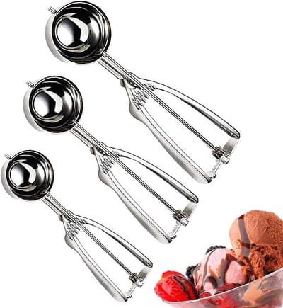 Set van 3 RVS IJslepel met Trigger voor IJs, Fruit en Puree - Grote, Middelgrote en Kleine Maten