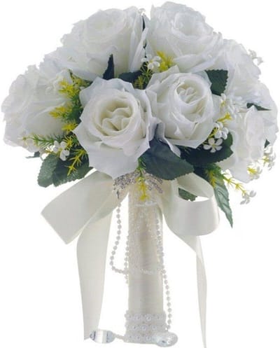 Bruiloft Boeket - Nep Bloemen - Bruid Vasthouden - Zijde en Parels - 31 x 22 cm - Wit
