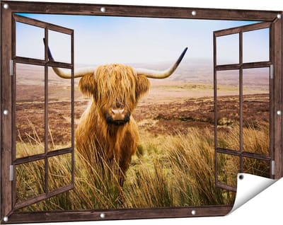 Gards Tuinposter Doorkijk Schotse Hooglander Koe in het Veld - 120x80 cm - Tuindoek - Tuindecoratie - Wanddecoratie buiten - Tuinschilderij