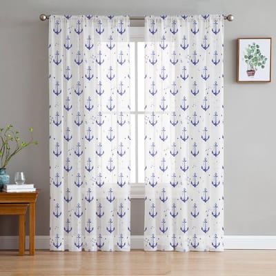 Blauw Anker Spatinkt Transparant Gordijn Voor Slaapkamer Tule Voile Gordijn Voor Keuken Woonkamer Decor Raambekleding 135W x 114H(cm) white