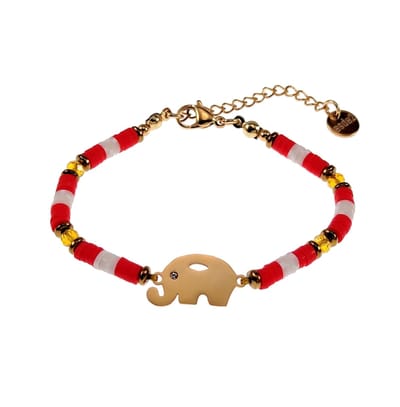 Polymeerklei Armband Dames - Rood-Rauw Wit Armband met Olifantenhanger - Verguld RVS - Verstelbaar - Handgemaakt