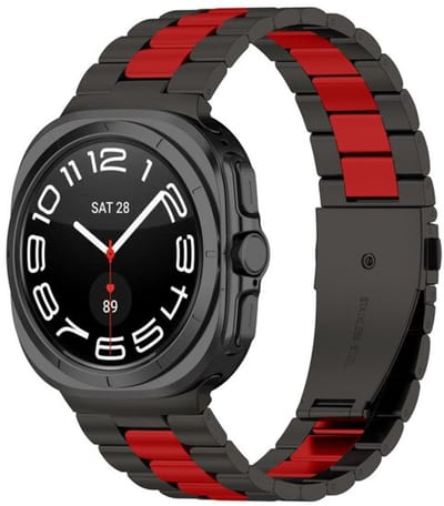 By Qubix - smartwatch bandje - Compatible Samsung bandje - Stalen schakelband - Zwart met rood - Geschikt voor Samsung Galaxy Watch 9 (40/44mm) - Watch 8 (40/44mm) - Watch 8 Classic (46mm)