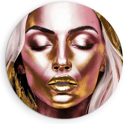 Saammp Muurcirkel Hout - Vrouw - Explosie van goud en roze - abstract - Ø 90 - Wandcirkel - Wanddecoratie Cirkel - Muurdecoratie Woonkamer - Slaapkamer decoratie - Rond Schilderij
