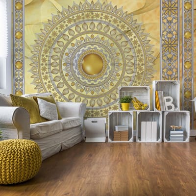Fotobehang - Vlies Behang - Gouden Mandala op een Achtergrond van Goud - Kunst - 416 x 290 cm