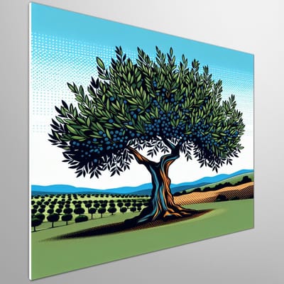 Pop art olijfboom schilderij | Olijfboom in levendige pop art stijl, een kunstwerk vol kleur | Kunst - 80x80 centimeter op Forex | Foto op Forex