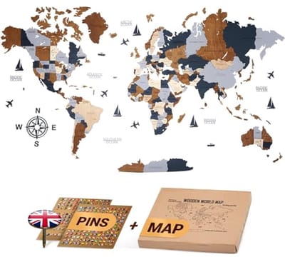 3D Houten Wereldkaart Wanddecoratie | Muurbevestiging Zonder Gereedschap | Uniek Cadeau voor Reizigers