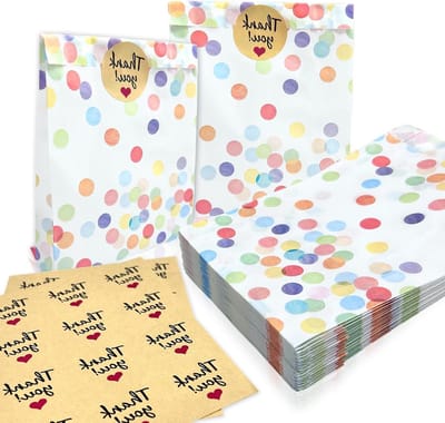 Set van 20 papieren snoepzakjes met stippen, inclusief 24 stickers voor trakteren, feesten en bruiloften. Perfect voor zoetigheden en cadeautjes.