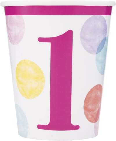 UNIQUE - 8 papieren bekers 1e verjaardag roze en wit 270 ml met pastel stippen