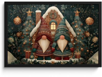 Poster in lijst - Fotolijst 60x40 cm - Posters - Kerst - Gnomen - Peperkoekhuisje - Rood - Groen - Posterlijst zwart - Decoratie - Wanddecoratie woonkamer - Muurdecoratie slaapkamer - Kerstversiering - Kerstdecoratie voor binnen - Kerstmis