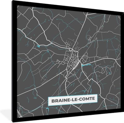 Fotolijst incl. Poster - Plattegrond – Braine le Comte – Blauw – Stadskaart - Kaart - 40x40 cm - Posterlijst