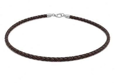 AuBor ®. Gevlochten leren ketting met zilveren sluiting. Dark natural. 3mm × 55cm