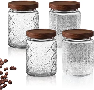 Cosensi- Glazen Pot 4 Stuks - Luchtdichte Glazen Voedselopslag - Houten Deksel - Vintage Design - Capaciteit 700ml/450ml - Schokbestendig Glas - Voedselopslagcontainer