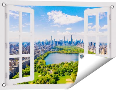 Gards Tuinposter Doorkijk Central Park in New York met Wolkenkrabbers - 60x40 cm - Tuindoek - Tuindecoratie - Wanddecoratie buiten - Tuinschilderij