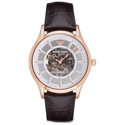 Emporio Armani Historical Collection Zilver Bruin Leer Heren Automatisch Mechanisch AR2073 Horloge zilver