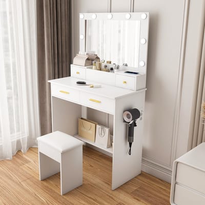 Wishdor - Schminktafel - Met 3-kleurige LED-verlichting - Met geïntegreerd stopcontact en fönhouder - wit