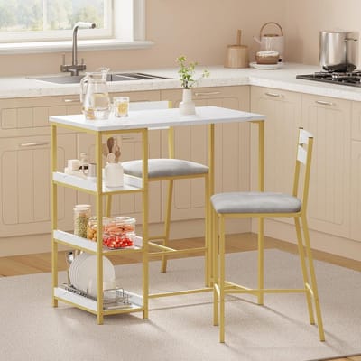 3-delige Eettafel Set - Ronde Keukentafel met 2 Krukken - Industrieel Design met 3 Opbergplanken - Goud/wit - Ruimtebesparend voor Kleine Ruimtes