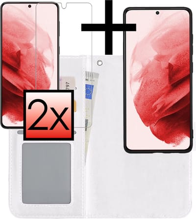 Hoesje - 2 in 1 - Geschikt voor Samsung Galaxy S21 - Met 2x Screenprotector - En Uitneembare Hard Cover - Bookcase - Wallet Case - Met Pasjeshouder - Book Case - Uitneembaar - Pashouder - Kunstleer - Wit
