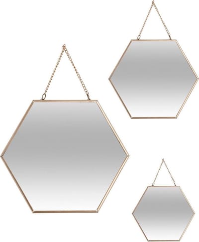 Atmosphera Wandspiegels - set van 3 spiegels - hexagon - metaal goud met ketting