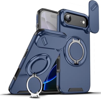 Hoesje Geschikt voor iPhone Air hoesje Blauw - Shock Hybrid Armor Hoes met Kickstand Ring en Camera Bescherming - Geschikt voor MagSafe