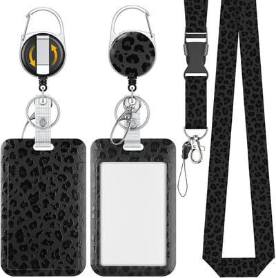 Stijlvolle Zwart Luipaard Print Badgehouder met Retractable Reel en Afneembare Lanyard voor Kantoor, Onderwijs en Evenementen