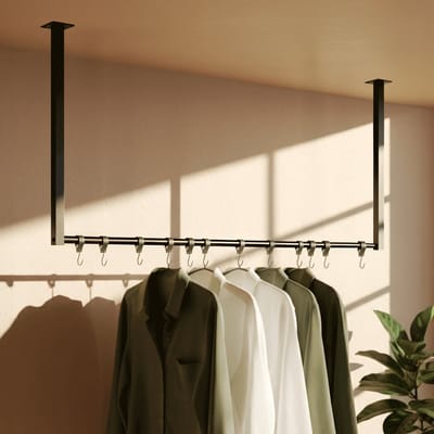 CLP Fenton Kledingstang - kledingstandaard - kledingroede - garderobestang - kleding stang - voor plafondmontage - met 12 haken - zwart