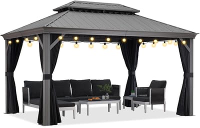 PURPLE LEAF Hardtop Aluminium Tuinpaviljoen – Dubbel dak – Hoogwaardige Gordijnen – Wind- en weerbestendig – Luxe Lichtgrijs – Met Sfeerverlichting