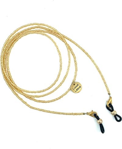 Luna-Leena duurzame brillenkoord goud - L95cm - glass beads + zwarte lusjes - handgemaakt in Nepal - glasses cord - brillen accessoires - sunglasseschain - cadeau - verjaardag - brillenketting - sieraad