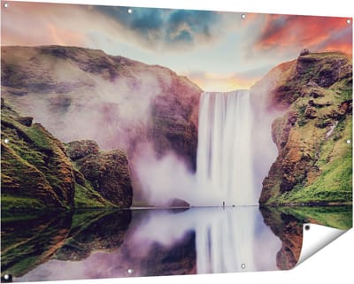 Gards Tuinposter Waterval met een Weerspiegeling in het Water - 150x100 cm - Tuindoek - Tuindecoratie - Wanddecoratie buiten - Tuinschilderij