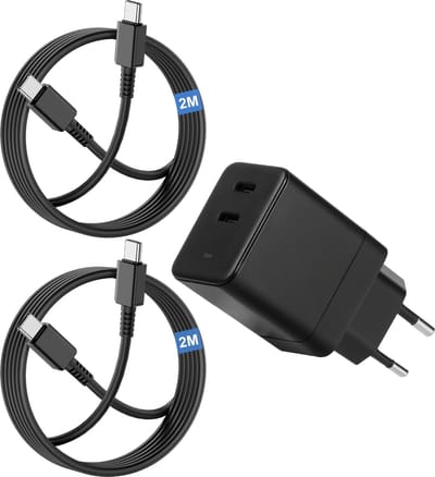 Usb C Snellader 2 Poorten met 2x usb-C Kabel 2 Meter - 2 usb-C Poorten - Ultra Sterk - 35w GaN Technologie - Geschikt voor A54, S23, Tablet A8 en meer