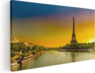 Artaza Canvas Schilderij Eiffeltoren - 40x20 cm - Klein - Wanddecoratie Parijs - Muurdecoratie Zonsondergang - Decoratie Skyline