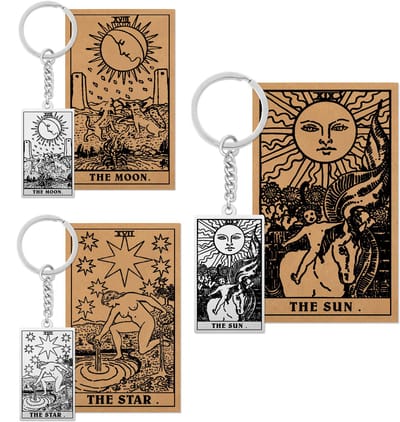 Tarot Sleutelhanger 17 | 18 | 19 bundel - Ster, Zon, Maan - Zilverkleurig Stainless Steel - Inclusief Rider-Waite Kaartjes - Pax Amare