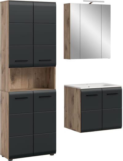 Badcombinatie met extra brede hoge kast - Moderne badkameroplossing in zwart en eik - 135x185x46cm