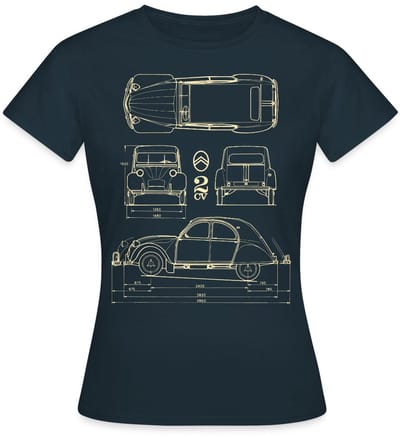 Citroën 2CV Maat Specificaties Blauwdruk T-Shirt Dames