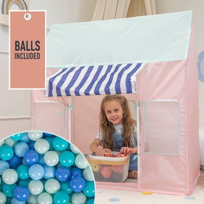 Selonis Kindertent Speelhuisje Met 100 Ballen Opvouwbaar IJssalon Voor Kinderen Speeltent Gemakkelijk Op Tezetten Stimuleert Verbeelding En Creativiteit Ideaal Voor Binnen En Buiten, Roze-Mint:Mint/Baby Blauw/Turquoise/Blauw