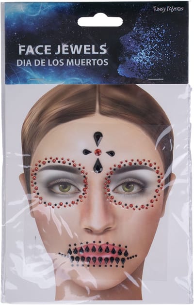 Funny fashion Face Jewels - Day of the Dead - rood/zwart - make-up steentjes - Halloween/Carnaval/verkleden