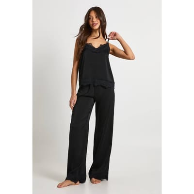 boohoo Dames Cami & Broek Pyjama Set met wimperkant | Zwart | Maat: 34