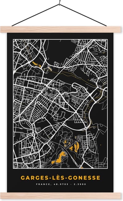 Posterhanger incl. Poster 40x60 cm - Schoolplaat - Kaart - Frankrijk - Stadskaart - Plattegrond - Garges-lès-Gonesse - Textielposter - Blanke latten - Stadskaart
