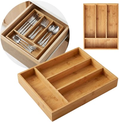 Bamboe bestekbakje 34×25×4,5 cm voor in de lade, 4 vakken