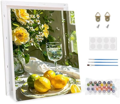 Dailygoods- Schilderen op Nummer - Citroenen met Lijst - Doe-Het-Zelf Handgeschilderd - Olieverfschilderijset voor Beginners - Kit met Kwasten - Ontspanning en Creativiteit - Verfset