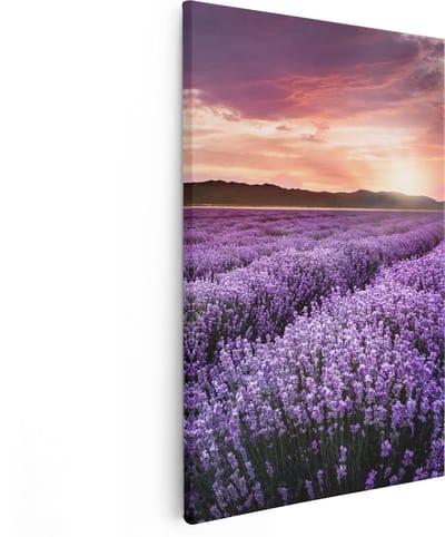 Artaza Canvas Schilderij Lavendelveld - 80x120 cm - Groot - Wanddecoratie Bloemen - Muurdecoratie Zonsondergang - Schilderijen Op Canvas