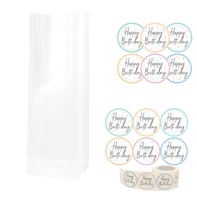 25x Uitdeelzakjes met Happy birthday confetti | Blokbodem | 60 x 50 x 200 mm | Traktatiezakjes | Kinderfeestje | Cellofaanzakjes | Cadeauzakjes | Snoepzakjes | Uitdeelzakjes kinderen | Cadeauzakjes Kinderen | Verpakkingszakjes Uitdeelcadeaus |